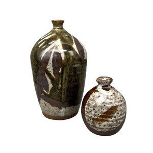 Set Of 2 Studio Pottery Vases Signed Decorative Art Pieces Neutral 5" and 2.5"